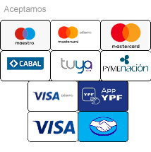 Aceptamos Visa, Mastercard, Maestro, MC Debit, Tuya, Pymes Nación, APP YPF y Mercadopago